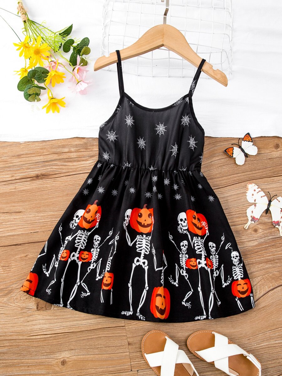 小女童萬聖節南瓜圖案吊帶洋裝