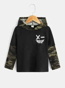 SHEIN 兒童卡通圖形迷彩印花連帽t恤 - 黑色 - 查看 5
