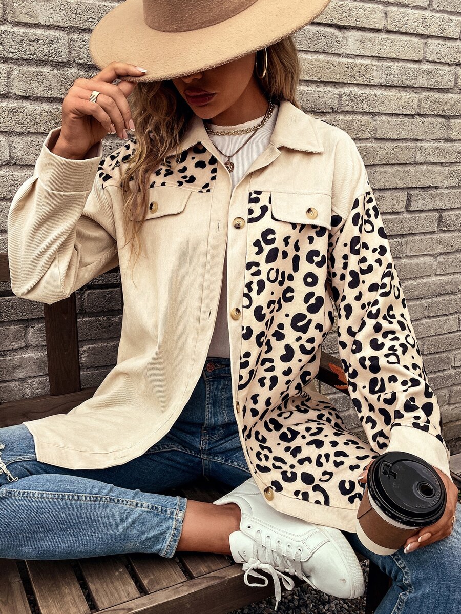 SHEIN LUNE Leopard Print Drop Shoulder Corduroy Coat - Apricot - View 1