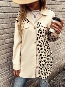 SHEIN LUNE Leopard Print Drop Shoulder Corduroy Coat - Apricot - View 3