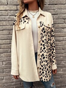 SHEIN LUNE Leopard Print Drop Shoulder Corduroy Coat - Apricot - View 4