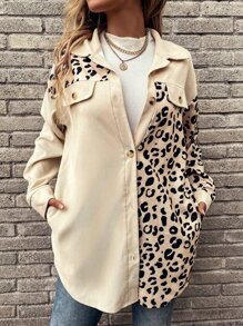 SHEIN LUNE Leopard Print Drop Shoulder Corduroy Coat - Apricot - View 5
