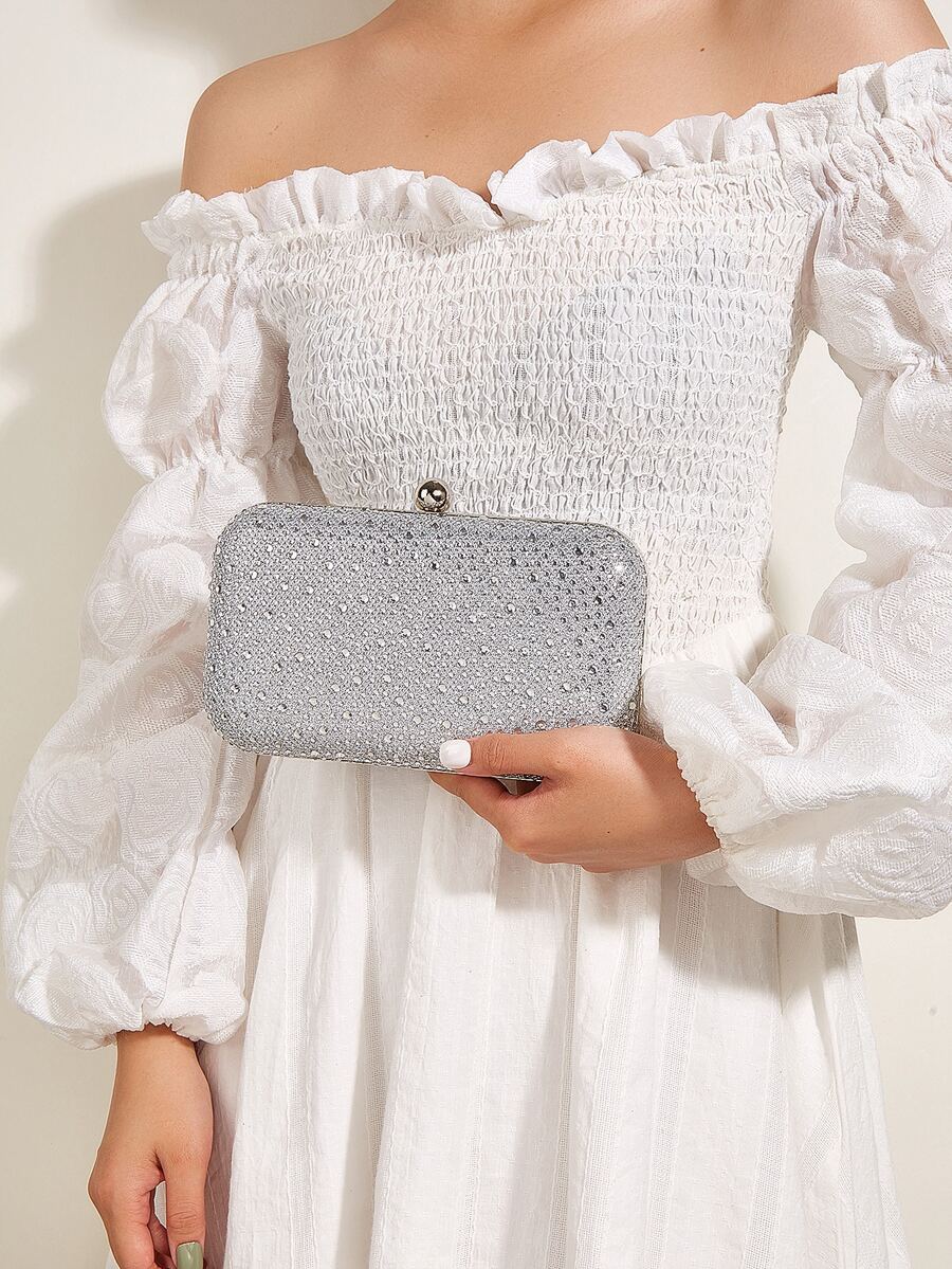 Bolso caja brillante con diseño de diamante de imitación con cadena