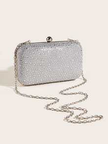 Bolso caja brillante con diseño de diamante de imitación con cadena