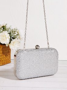 Bolso caja brillante con diseño de diamante de imitación con cadena