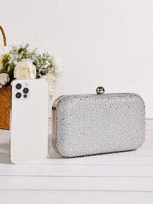 Bolso caja brillante con diseño de diamante de imitación con cadena