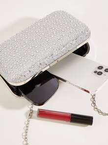 Bolso caja brillante con diseño de diamante de imitación con cadena