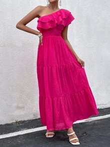 Breezaya One Shoulder Ruffle Trim Dress - Hot Pink - View 1