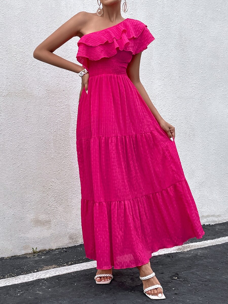 Breezaya One Shoulder Ruffle Trim Dress - Hot Pink - View 1