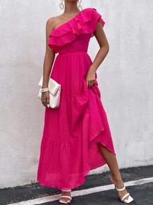 Breezaya One Shoulder Ruffle Trim Dress - Hot Pink - View 3