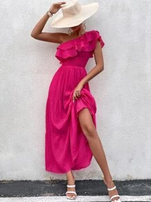 Breezaya One Shoulder Ruffle Trim Dress - Hot Pink - View 4