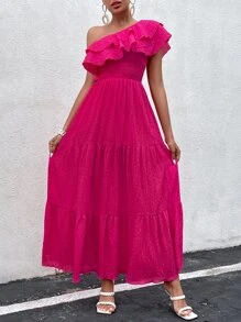 Breezaya One Shoulder Ruffle Trim Dress - Hot Pink - View 5