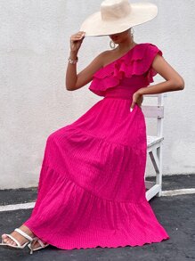 Breezaya One Shoulder Ruffle Trim Dress - Hot Pink - View 6