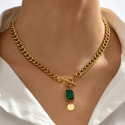 LIEBEIRIS 方晶鋯石和唱片墜飾OT搭扣項鍊