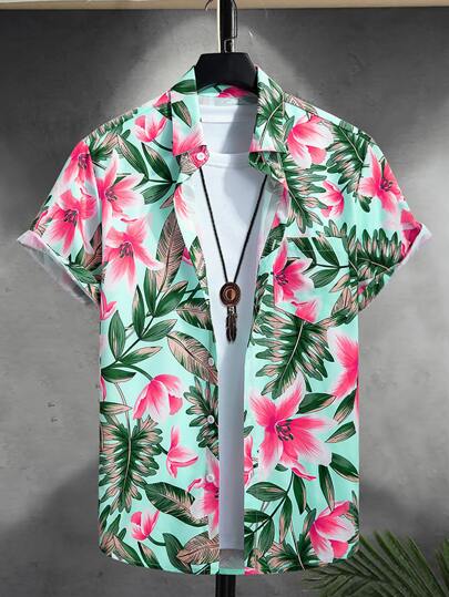 Manfinity Homme Cămașă cu imprimeu tropical pentru bărbați, fără tricou