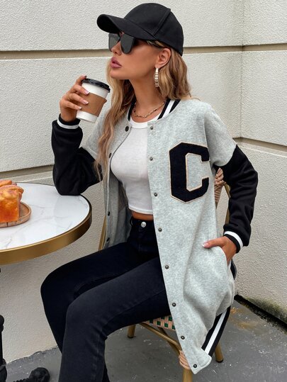 SHEIN Unity College Jacke mit Buchstabe Flicken, Farbblock, Drop Shoulder