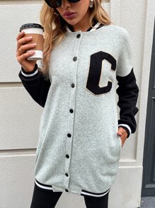 SHEIN Unity Letter Patched Colourblock Drop Shoulder Varsity Jacket - Grey - View 4