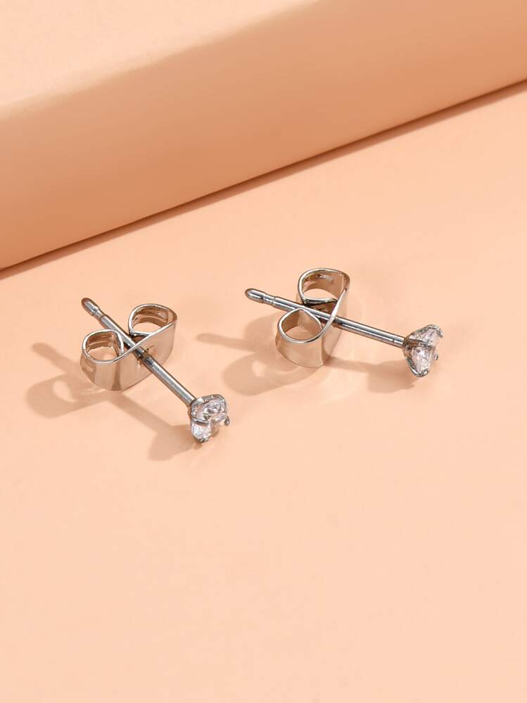 Cubic Zirconia Decor Stud Earrings - Silver - View 3