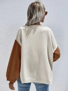 SHEIN LUNE 撞色拼接口袋前摆落肩针织套头衫，秋冬款 - 彩色 - 查看 2