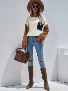 SHEIN LUNE 撞色拼接口袋前摆落肩针织套头衫，秋冬款 - 彩色 - 查看 4