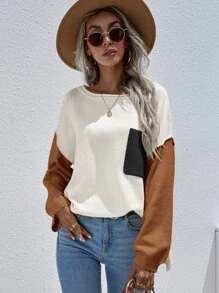 SHEIN LUNE 撞色拼接口袋前摆落肩针织套头衫，秋冬款 - 彩色 - 查看 5