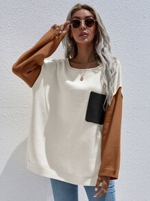 SHEIN LUNE 撞色拼接口袋前摆落肩针织套头衫，秋冬款 - 彩色 - 查看 6
