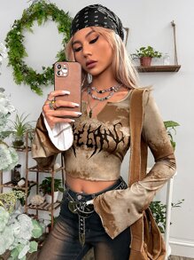 ROMWE PUNK Áo phông Crop Đồ họa Thuốc nhuộm buộc & Chữ cái Cổ có Lỗ hổng Tay áo chuông - màu nâu - Xem 2