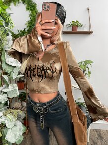 ROMWE PUNK Áo phông Crop Đồ họa Thuốc nhuộm buộc & Chữ cái Cổ có Lỗ hổng Tay áo chuông - màu nâu - Xem 3