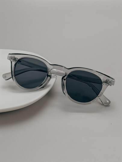 قطعة واحدة نظارات شمسية عصرية للرجال بإطار شفاف رمادي بشكل بيضاوي، إكسسوارات عصرية مناسبة للسترات والجاكيتات والهوديز والبناطيل الجلدية والكارجو للشاطئ والسفر والأنشطة الخارجية في فصل الصيف