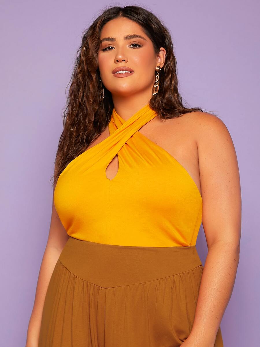 SHEIN BAE Áo hai dây Plus Size Lộ Lưng Hội Chữ thập màu trơn Gợi cảm - Màu vàng - Xem 1
