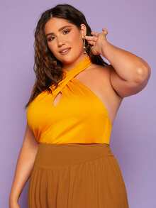 SHEIN BAE Áo hai dây Plus Size Lộ Lưng Hội Chữ thập màu trơn Gợi cảm - Màu vàng - Xem 4