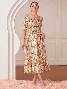 SHEIN Allover Floral Print Off Shoulder Top & Ruffle Hem Skirt Set - Multicolor - View 3