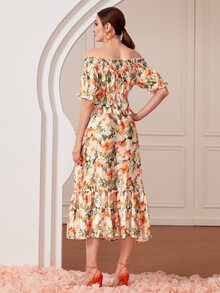SHEIN Allover Floral Print Off Shoulder Top & Ruffle Hem Skirt Set - Multicolor - View 4