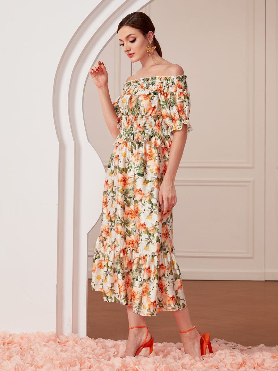 SHEIN Allover Floral Print Off Shoulder Top & Ruffle Hem Skirt Set - Multicolor - View 1