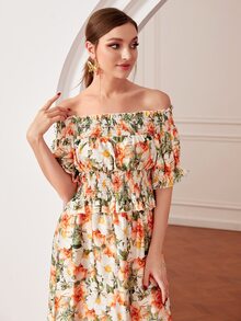 SHEIN Allover Floral Print Off Shoulder Top & Ruffle Hem Skirt Set - Multicolor - View 5
