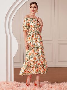 SHEIN Allover Floral Print Off Shoulder Top & Ruffle Hem Skirt Set - Multicolor - View 2