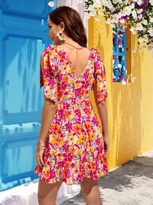 Vestido con estampado floral bajo con fruncido - Multicolor - Ver 2