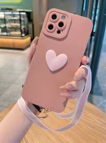 Heart Decor Phone Case With Lanyard - Pink - View 1