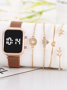 1入組磁性網眼帶矩形電子錶和4入組手環 - 玫瑰金 - 查看 1