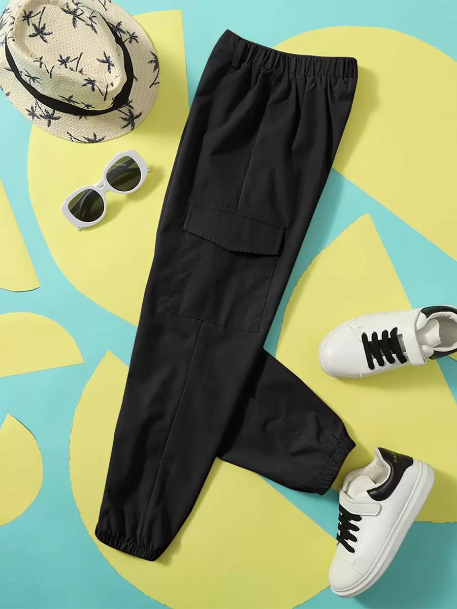 SHEIN Tween Boy Side-Seam Patch Pocket Quần Cuff đàn hồi, mùa xuân / mùa thu - màu đen - Xem 1