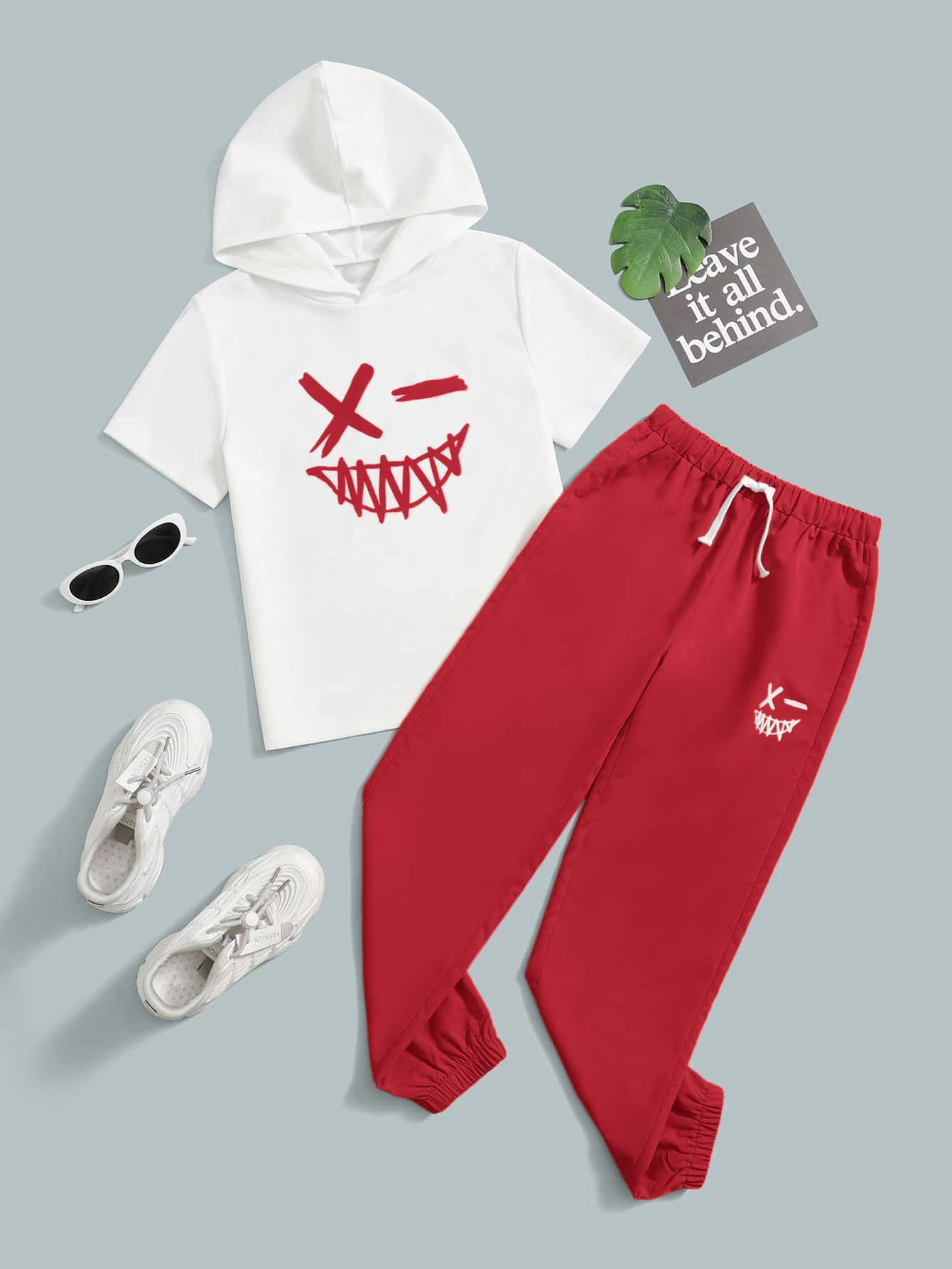 SHEIN Boys Cartoon Graphic Hooded Tee & Drawstring Waist Trousers - Red and White - View 1