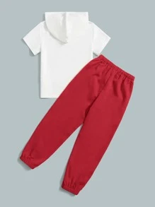 SHEIN Boys Cartoon Graphic Hooded Tee & Drawstring Waist Trousers - Red and White - View 2