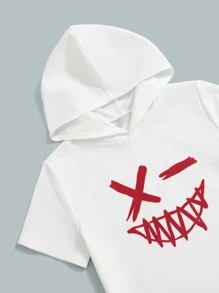 SHEIN Boys Cartoon Graphic Hooded Tee & Drawstring Waist Trousers - Red and White - View 3
