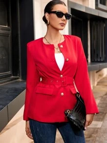 單排釦翻蓋口袋腰帶西裝外套 - 紅色 - 查看 1