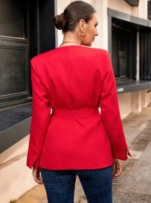 單排釦翻蓋口袋腰帶西裝外套 - 紅色 - 查看 2