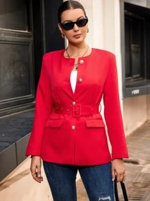單排釦翻蓋口袋腰帶西裝外套 - 紅色 - 查看 3