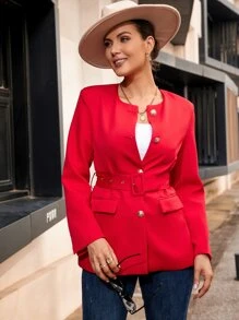 單排釦翻蓋口袋腰帶西裝外套 - 紅色 - 查看 6