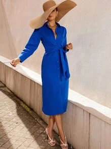 Solid Button Up Tie Front Shirt Dress - Blue - View 4