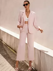 Lapel Collar Blazer With Cropped Trousers - Baby Pink - View 1