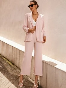 Lapel Collar Blazer With Cropped Trousers - Baby Pink - View 3